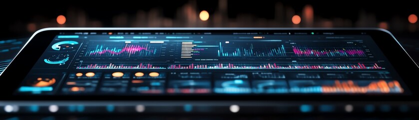 Fototapete - A detailed digital data visualization on a tablet screen, showing colorful graphs and realtime statistics on a sleek, modern interface