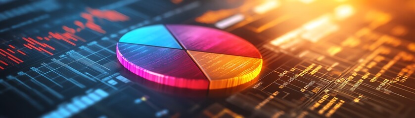 Poster - A dynamic 3D pie chart with glowing edges, positioned on a financial report backdrop featuring crisp tables and analytical graphs