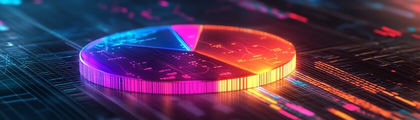 Poster - A dynamic 3D pie chart with glowing edges, positioned on a financial report backdrop featuring crisp tables and analytical graphs