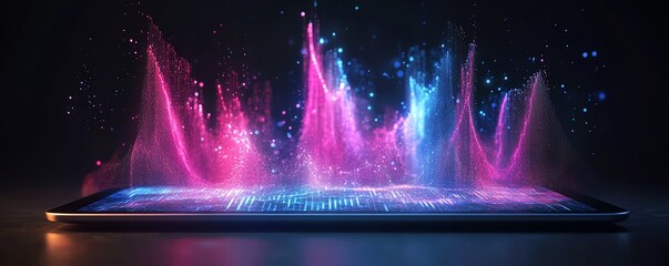 Aufkleber - A futuristic digital data visualization displayed on a tablet screen, with interactive graphs and bright data points on a sleek modern background