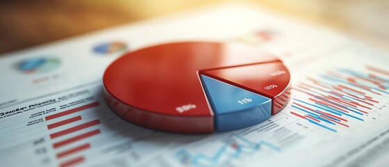Leinwandbilder - A highdefinition 3D pie chart with realistic textures, integrated into a financial report backdrop showing growth and decline trends