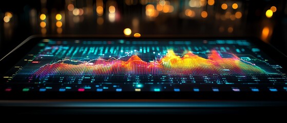 Fototapete - A highresolution digital data display on a tablet screen, with complex visual graphs and numerical trends on a polished background