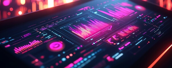 Aufkleber - A hightech tablet screen featuring a dynamic digital data visualization, with vibrant charts, graphs, and numbers against a clean, minimalist background