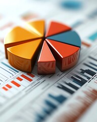 Poster - A modern 3D pie chart with sleek design elements, set against a professional financial report backdrop showcasing numerical insights