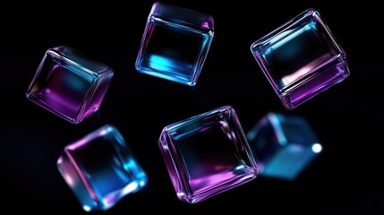 Wall Mural - six translucent cubes, purple and blue, floating in dark space.