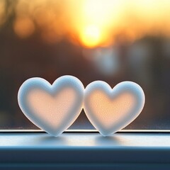 Wall Mural - Valentine sweet memories. Two heart-shaped objects on a window sill at sunset.