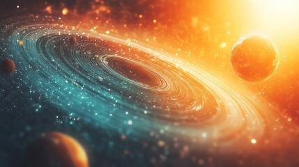 Wall Mural - a vibrant and colorful depiction of a spiral galaxy with a bright star in the background and planets