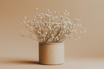 Wall Mural - Dried baby's breath flowers in a beige cylindrical vase against a muted beige background.