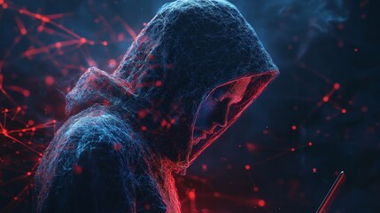 Poster - A hooded figure immersed in digital data, symbolizing technology and cyber themes.