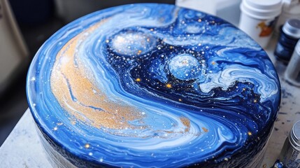 Wall Mural - acrylic pour mimicking a galaxy with deep blues and shimmering metallic stars