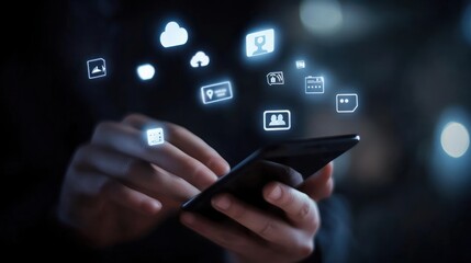 Poster - A person interacting with a smartphone displaying various app icons.