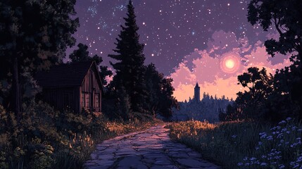 Poster - Pixel Art: Enchanting Cottage Path Under Starlit Sky