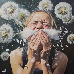 Canvas Print - The Dandelion Sneeze: A Realistic Portrait of Spring Allergies