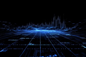 Poster - Abstract digital landscape with glowing blue data streams and graphs.