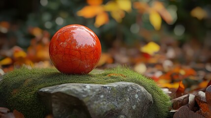 Wall Mural - Red Sphere on Mossy Rock in Autumn