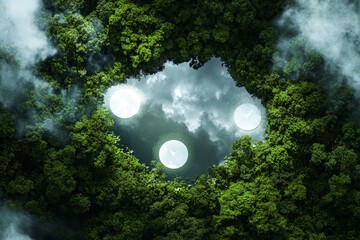 Canvas Print - Surreal forest clearing reveals three luminous clocks in a cloudy sky.