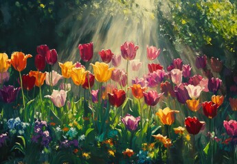 Wall Mural - sunlit colorful tulips in a vibrant garden.