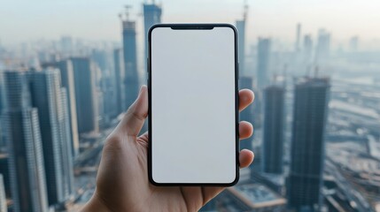 Smartphone with blank screen held against city backdrop. Ideal for app demos, website mockups, and showcasing technology.