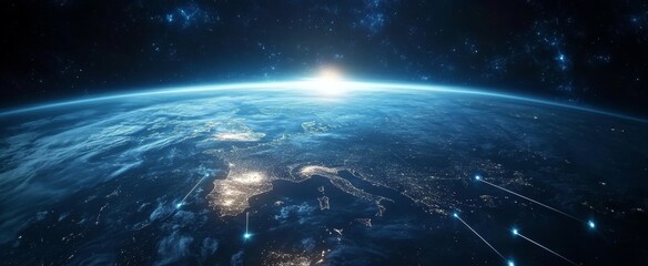 Wall Mural - earthrise with meteor shower and city lights at sunrise.