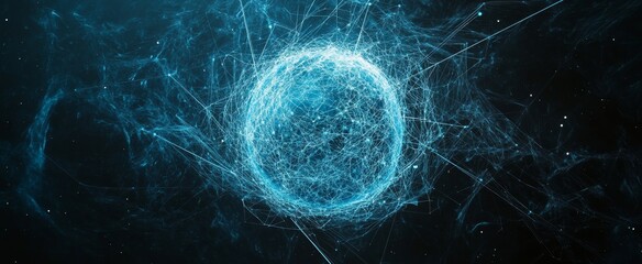 Canvas Print - Glowing blue sphere surrounded by energy lines in dark space.