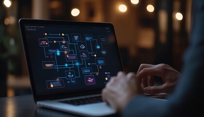 a business professional analyzing digital flowcharts on a laptop, representing technologydriven busi