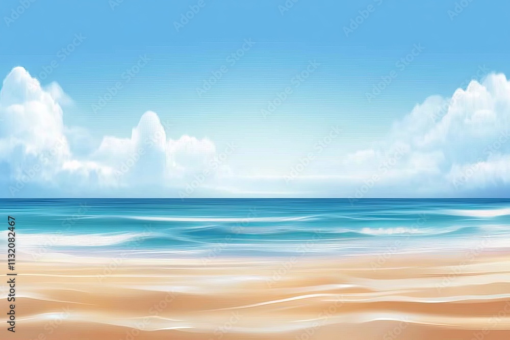 Serene beach scene with calm ocean waves under a bright blue sky and ...