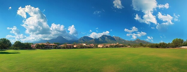 Wall Mural - sunny day in a green field with mountains and houses in the background.