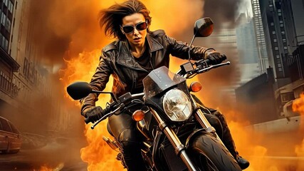 Wall Mural - Action shot with woman on the bike riding away from fire and explosion. Dynamic scene in action movie blockbuster style