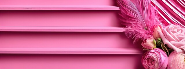 Wall Mural - Dramatic Magenta Paint and Feather Splash on Sleek Podium for Bold Visual Statements 