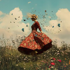 Poster - Ethereal Woman in a Flower Field with Butterflies