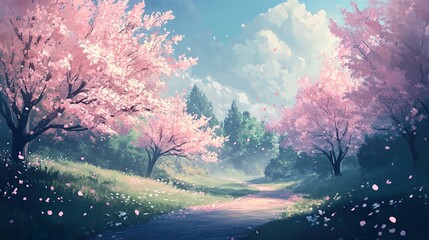 Canvas Print - Pink Cherry Blossoms Path: A Dreamy Spring Landscape