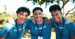 © CoetzeeRising/peopleimages.com - Portrait, smile and volunteers for charity, men and collaboration of friends, outdoor and confident. Hug, project and people with unity for nonprofit, helping and proud of community service and happy