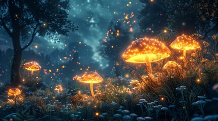 Wall Mural - Fantasy forest with glowing mushrooms and ethereal plants, under a dark, star-filled sky