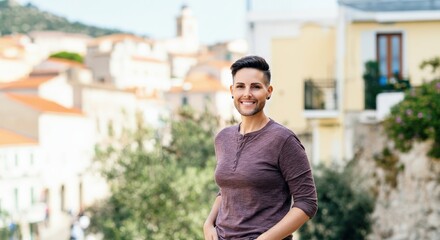 smiling caucasian woman in casual attire enjoying scenic european village