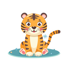 A cute cartoon tiger sitting on a blue mat with a cheerful expression.