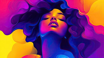 Wall Mural - Vibrant portrait of a woman with flowing, colorful hair.