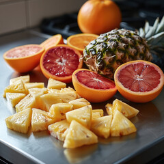 Wall Mural - A tropical display of juicy pineapple chunks, orange slices, and ruby-red grapefruit wedges, scattered on a sleek steel countertop.