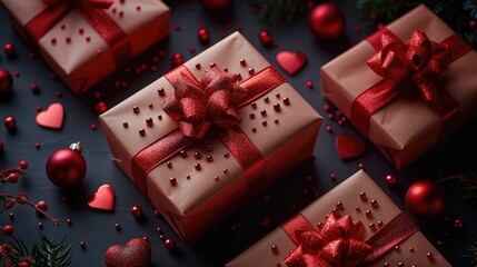 Poster - Valentine's Day background with gift boxes on a red table, flat lay. top view. Valentine's Day concept. with copy space for text.
