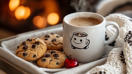 Wall Mural - A cozy image of a personalized mug with a funny inside joke, placed on a tray with freshly baked cookies and a steaming cup of coffee 