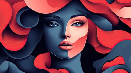 Wall Mural - Abstract portrait of a woman with red and blue fluid shapes.