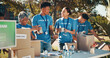 © peopleimages.com - Nature, friends and group of volunteers with help, goals and donations at charity event in park. Non profit, happy and NGO people outdoor in field for community service or outreach program project.
