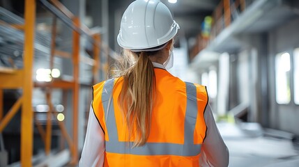 Fototapete - A female construction production manager work environment. in a reflective safety vest and white helmet.