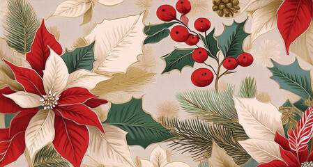 Wall Mural - Festive floral pattern featuring vibrant red and cream poinsettia flowers with green leaves and red berries, ideal for Christmas-themed designs and holiday decor.