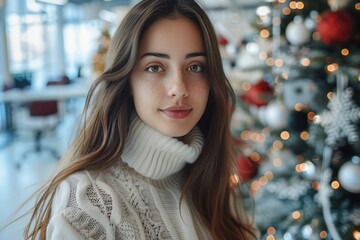Leinwandbilder - A beautiful woman in a modern office decorated for Christmas.