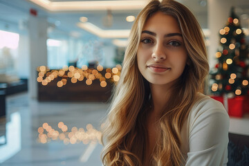 Leinwandbilder - A beautiful woman in a modern office decorated for Christmas.