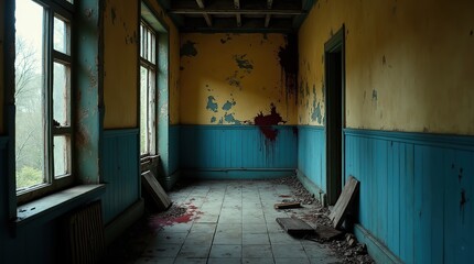 Wall Mural - Eerie Abandoned Hallway in a Derelict Building with a Chilling Atmosphere