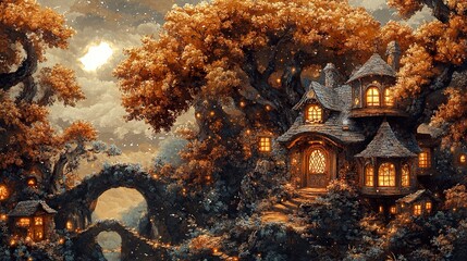 Canvas Print - Enchanted Autumn Cottage: A Fantasy Forest Night Scene