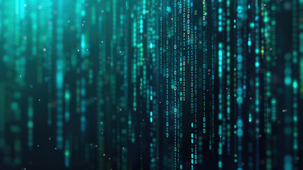 abstract digital background with glowing binary code streaming down in bright teal and green hues
