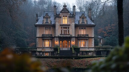 Canvas Print - Majestic French Mansion in the Woods at Dusk