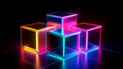 Wall Mural - Vector realistic 3d cubes in motion with neon parts on dark background . Futuristic illustration